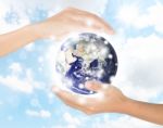 Hand Protect Earth Environment, Earth Element Finished By Nasa Stock Photo