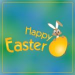 Easter Day With Bunny On A Colorful Background. Happy Easter Day With Big Gold Egg Stock Photo