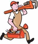 Plumber Carrying Monkey Wrench Toolbox Running Stock Photo