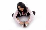 Front View Of Female Doing Exercise On White Background Stock Photo