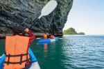 Group Of Tourists On A Kayak Stock Photo