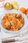 Spaghetti With Chicken And Carrot Stock Photo