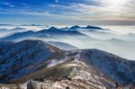 Winter Landscape And Foggy In Deogyusan Mountains, South Korea Stock Photo