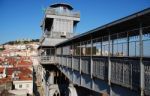 Lisbon Cityscape With Castle And Santa Justa Elevator Stock Photo