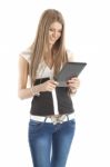 Beautiful Smiling Woman Communicate With Tablet Computer Stock Photo