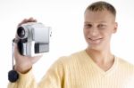 Blonde Man With Handy Cam Stock Photo