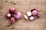 Shallots Still Life Wood Background Stock Photo