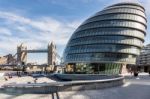 View Of City Hall And Tower Bridge In London Stock Photo