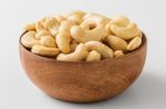 Cashew Nut In Wooden Bowl Stock Photo