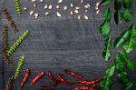 Group Of Ingredients And Condiment On Top Of The Table Stock Photo