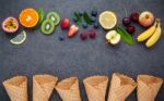 Flat Lay Various Fresh Fruits Raspberry ,blueberry ,strawberry , Stock Photo