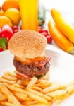 Classic Hamburger Sandwich And Fries Stock Photo