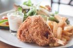 Deep Chicken Fried With Salad Stock Photo