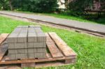 Construction Of A New Pavement Of Paving Slabs Stock Photo