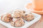 Closeup Healthy Cookies On White Plate With Coffee Cup Stock Photo