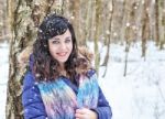 Portrait Of Young Beautiful Woman Walking In The Woods Stock Photo