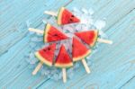 Watermelon Popsicle Yummy Fresh Summer Fruit Sweet Dessert Wood Stock Photo