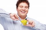 Chubby Boy And Pear Stock Photo