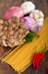 Italian Pasta And Mushroom Sauce Ingredients Stock Photo