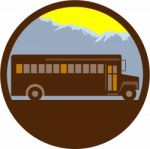 School Bus Vintage Mountains Circle Retro Stock Photo