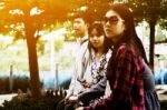 Group Of Asian Teenager Walking In The Park  Stock Photo