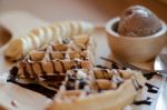 Delicious Sweet Dessert : Homemade Waffle With Chocolate Sauce , Stock Photo