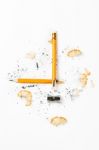 Broken Pencil With Metal Sharpener And Shavings Stock Photo