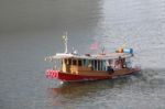 Local Villager Living Wooden Boat Float On Wide River Stock Photo