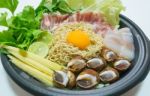 Noodle And Egg With Ingredient In Pot For Hot Sukiyaki Food Stock Photo