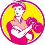 Vintage Woman Lifting Dumbbell Circle Retro Stock Photo