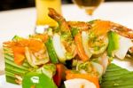 Shrimps And Vegetables Skewers Stock Photo