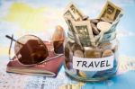 Travel Budget Concept With Passport And Sunglasses Stock Photo