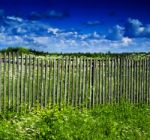 Square Vivid Summer Village Fence Horizon Cloudscape Background Stock Photo