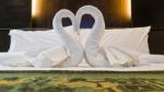 Towels Decoration In Bed Room Hotel Stock Photo