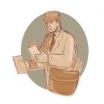 Vintage Postman Delivering Letter Drawing Stock Photo