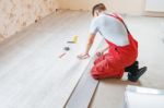 Handyman Laying Down Laminate Flooring Boards Stock Photo