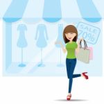 Cartoon Teenage Girl Shopping On Shop Background Stock Photo