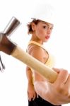 Female Architect Holding Hammer Stock Photo