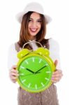 Beautiful Young Model With Hat And Showing Clock Stock Photo