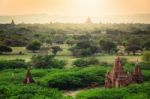 Sunrise With Old Temples And Green Lanscape, Bagan, Myanmar Stock Photo