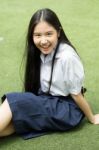 Portrait Of Thai High School Student Uniform Teen Beautiful Girl Happy And Relax, Stock Photo