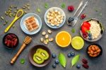 Ingredients For The Healthy Foods Background Mixed Nuts, Honey, Stock Photo