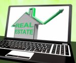 Real Estate House Laptop Means Selling Or Buying Land And Proper Stock Photo