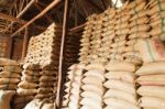 Stack Hemp Sacks Of Rice Stock Photo