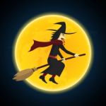 Halloween Witch Flying On Broom And Moon Stock Photo