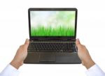 Laptop Pc On Women Hand Stock Photo