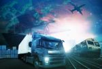 World Trading With Industries Truck,trains,ship And Air Cargo Freight Logistic Background Use For All Import Export Transportation Theme Stock Photo