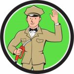 Gas Jockey Attendant Waving Circle Cartoon Stock Photo