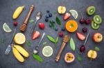 Flat Lay Various Fresh Fruits Raspberry ,blueberry ,strawberry , Stock Photo