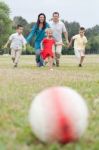 Happy Family Of Five Having Outdoors Stock Photo